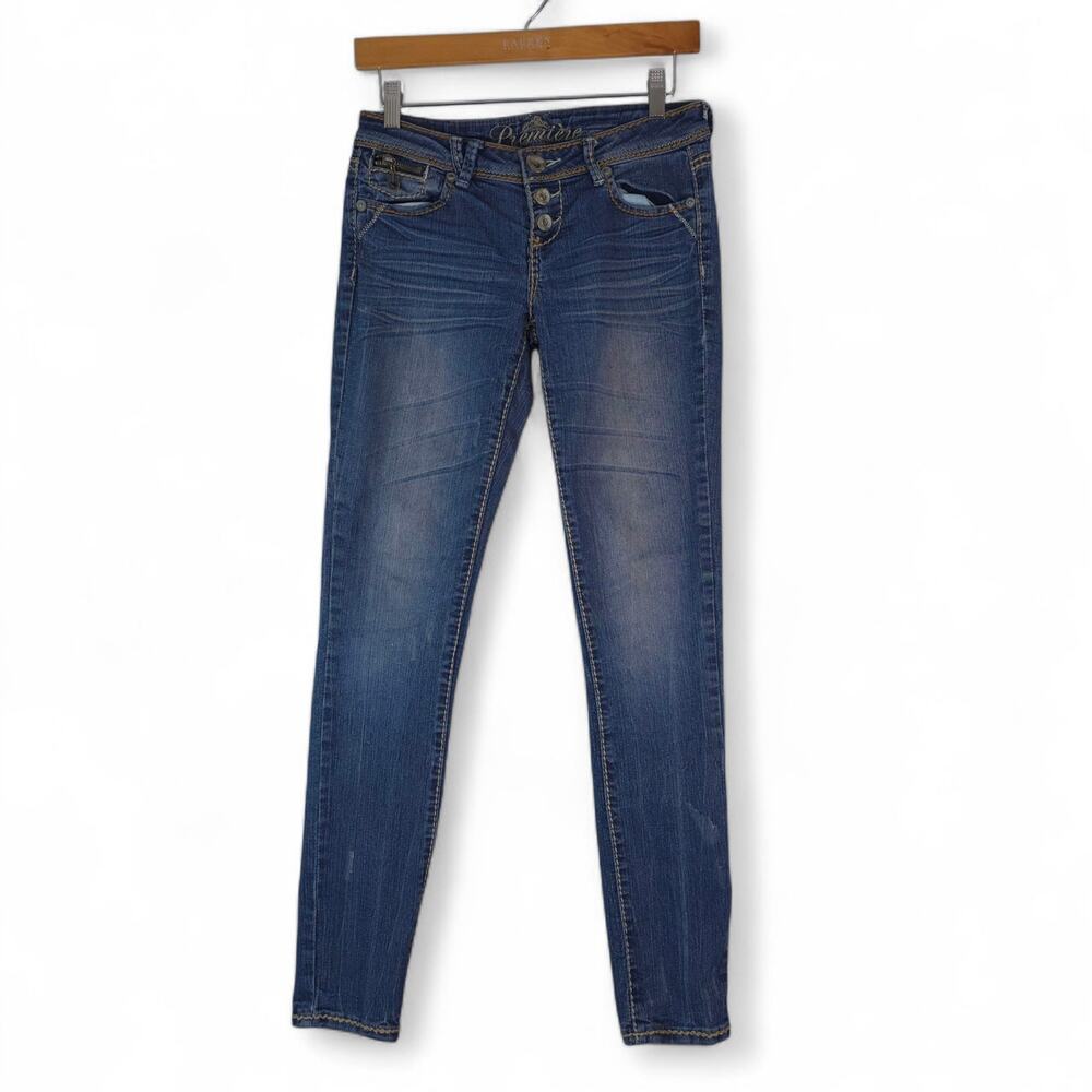 Rue 21 Premiere Denim Jeans Womens 1/2 Blue Button Fly Flap Pockets Low Rise Y2K
